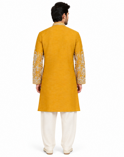 Men's mandarin collar embroidery work kurta, tissue fabric, Neck & daman design and astar attached AST 24 - Yellow