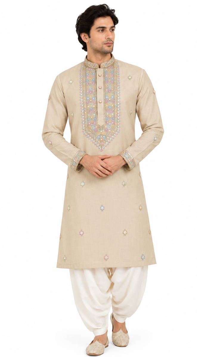 Men's mandarin collar Embroidery work kurta, Neck work, daman design and astar attached AST 27 - Beige