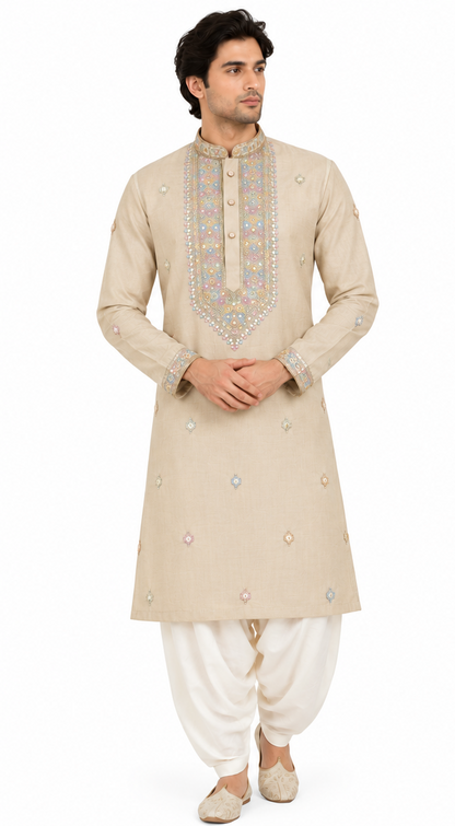 Men's mandarin collar Embroidery work kurta, Neck work, daman design and astar attached AST 27 - Beige
