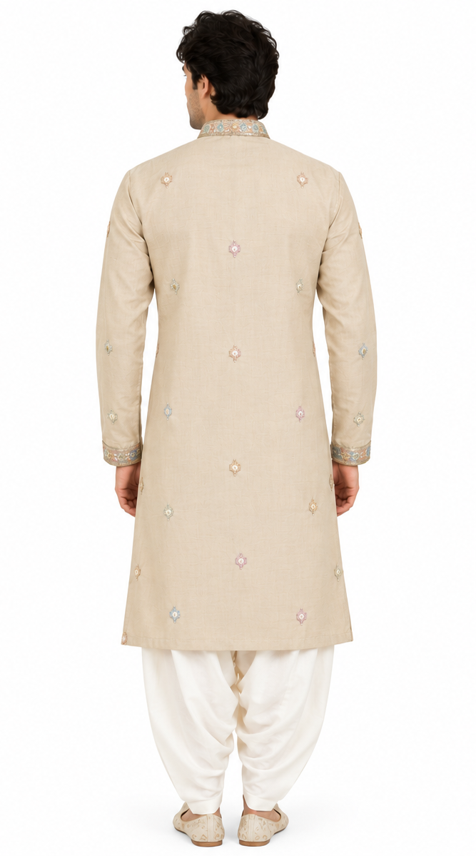 Men's mandarin collar Embroidery work kurta, Neck work, daman design and astar attached AST 27 - Beige