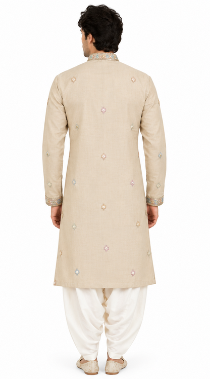 Men's mandarin collar Embroidery work kurta, Neck work, daman design and astar attached AST 27 - Beige