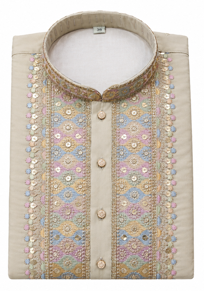 Men's mandarin collar Embroidery work kurta, Neck work, daman design and astar attached AST 27 - Beige