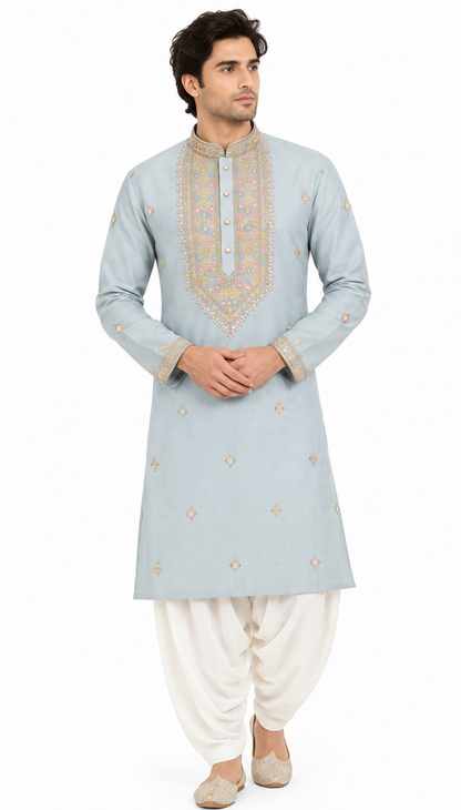Men's mandarin collar Embroidery work kurta, Neck work, daman design and astar attached AST 27 - Sea Green