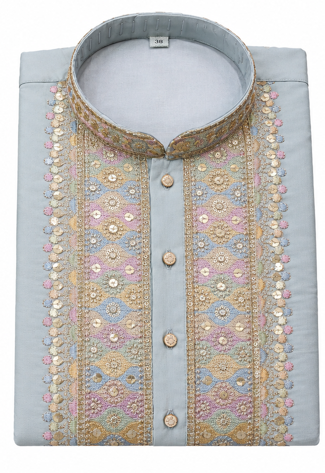 Men's mandarin collar Embroidery work kurta, Neck work, daman design and astar attached AST 27 - Sea Green