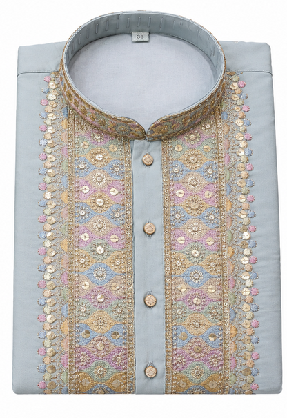 Men's mandarin collar Embroidery work kurta, Neck work, daman design and astar attached AST 27 - Sea Green