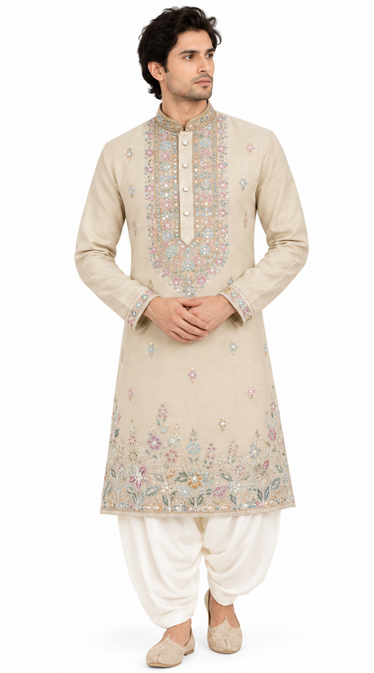 Men's mandarin collar Embroidery work kurta, Neck work, daman design and astar attached DM 03 - Beige