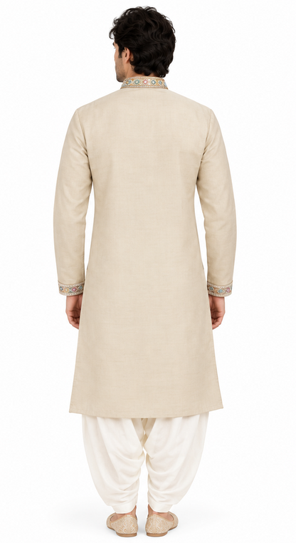 Men's mandarin collar Embroidery work kurta, Neck work, daman design and astar attached DM 03 - Beige