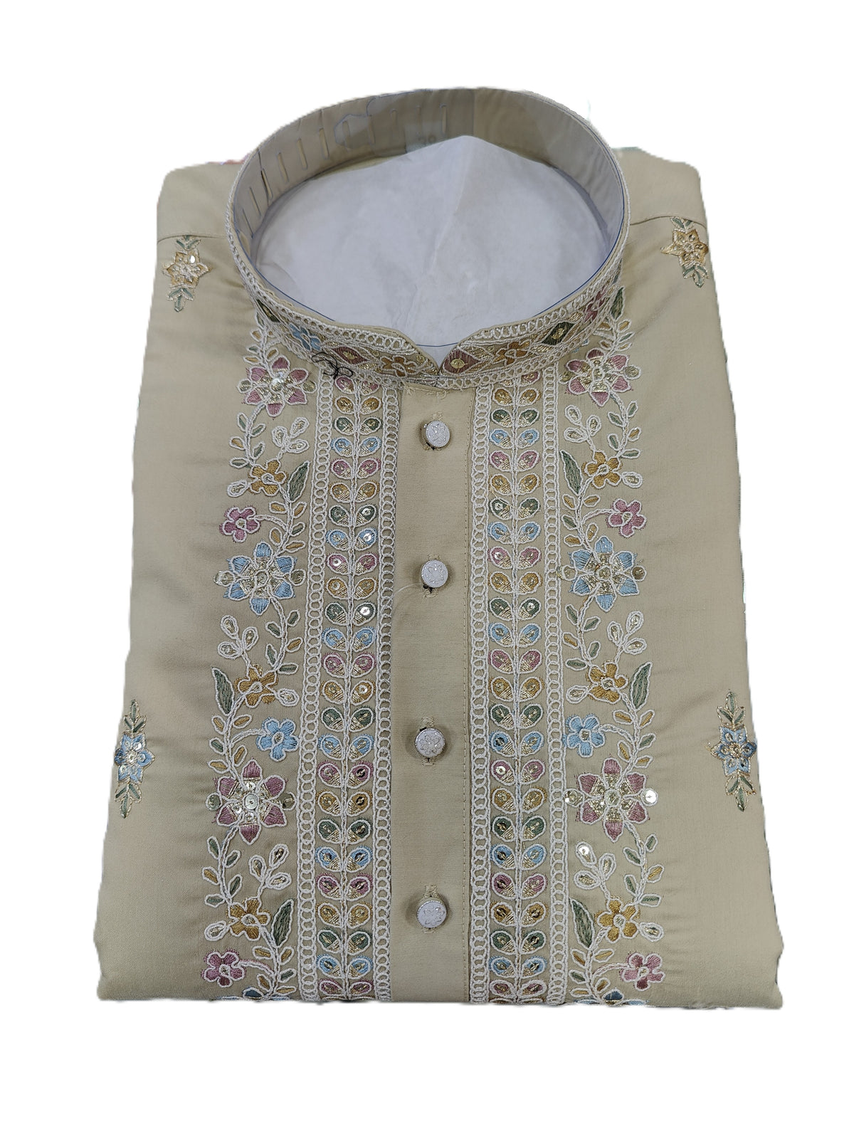 Men's mandarin collar Embroidery work kurta, Neck work, daman design and astar attached DM 03 - Beige