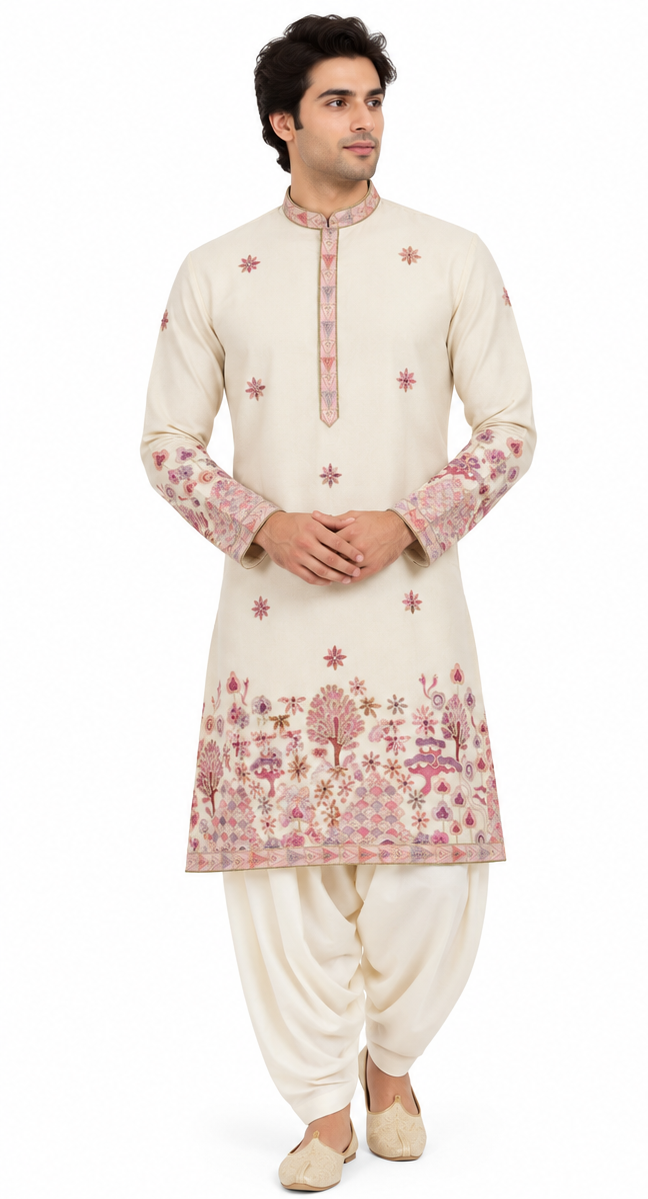 Men's short length mandarin collar front and back embroidery work kurta, unique neck and daman design, fusing attached DM 07 - Beige