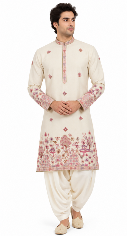 Men's short length mandarin collar front and back embroidery work kurta, unique neck and daman design, fusing attached DM 07 - Beige