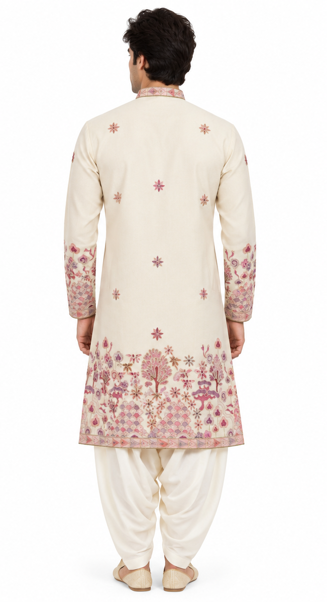 Men's short length mandarin collar front and back embroidery work kurta, unique neck and daman design, fusing attached DM 07 - Beige