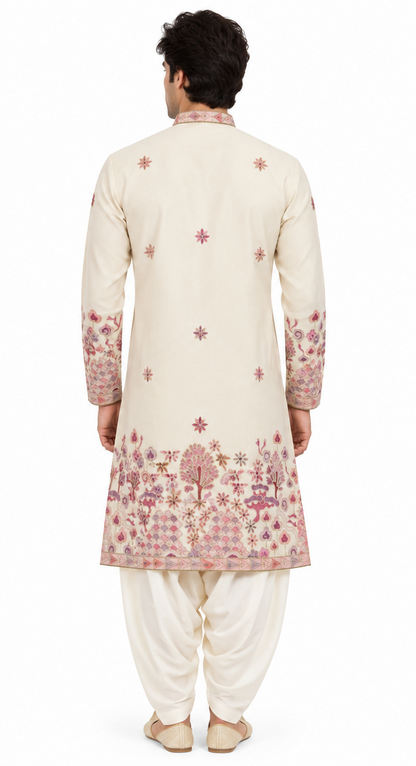 Men's short length mandarin collar front and back embroidery work kurta, unique neck and daman design, fusing attached DM 07 - Beige