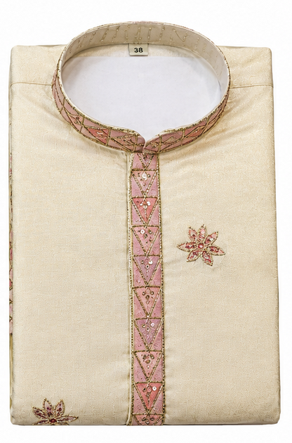 Men's short length mandarin collar front and back embroidery work kurta, unique neck and daman design, fusing attached DM 07 - Beige