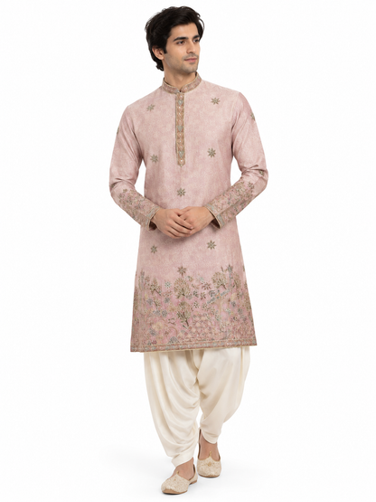 Men's short length mandarin collar front and back embroidery work kurta, unique neck and daman design, fusing attached DM 07 - Pink