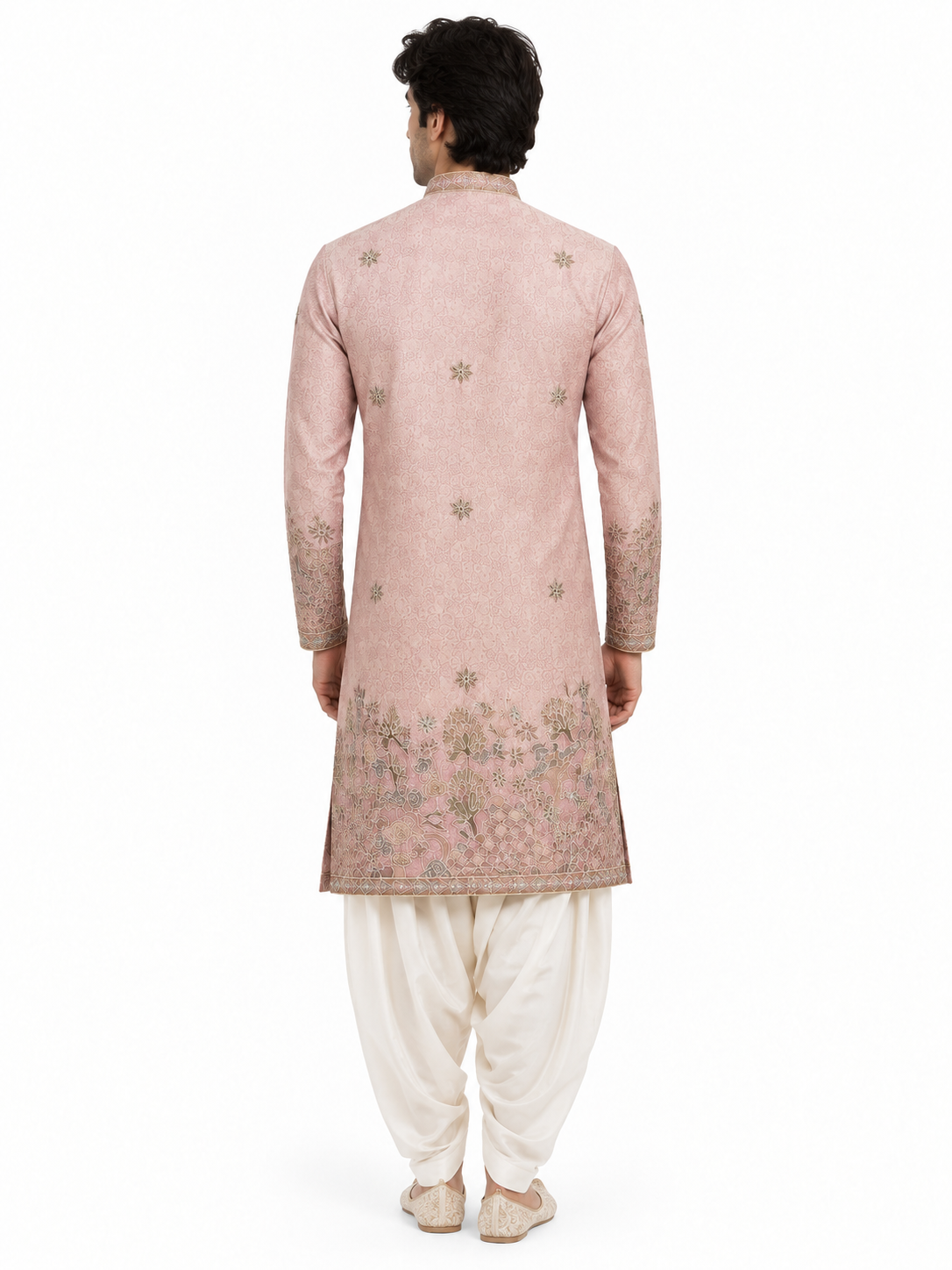 Men's short length mandarin collar front and back embroidery work kurta, unique neck and daman design, fusing attached DM 07 - Pink