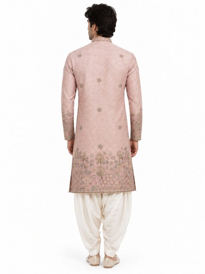 Men's short length mandarin collar front and back embroidery work kurta, unique neck and daman design, fusing attached DM 07 - Pink