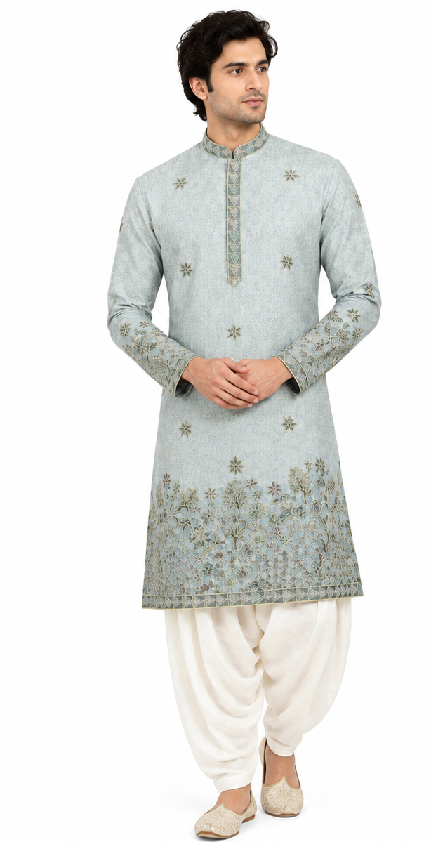 Men's short length mandarin collar front and back embroidery work kurta, unique neck and daman design, fusing attached DM 07 - Pista