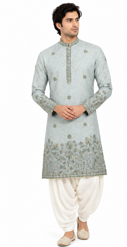 Men's short length mandarin collar front and back embroidery work kurta, unique neck and daman design, fusing attached DM 07 - Pista