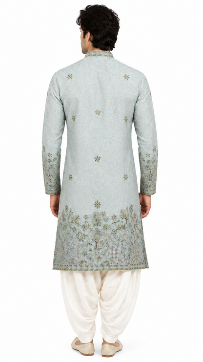 Men's short length mandarin collar front and back embroidery work kurta, unique neck and daman design, fusing attached DM 07 - Pista