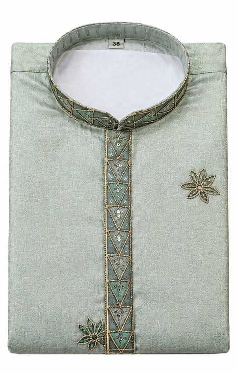 Men's short length mandarin collar front and back embroidery work kurta, unique neck and daman design, fusing attached DM 07 - Pista