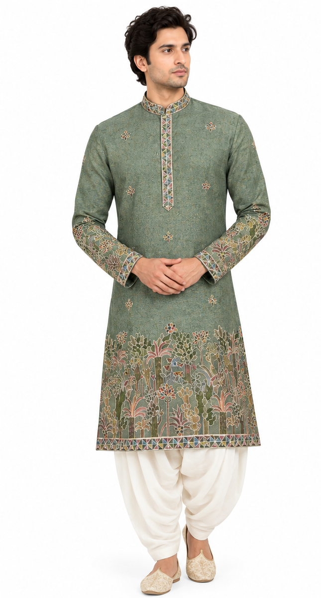 Men's short length mandarin collar front and back embroidery work kurta, tissue fabric, unique neck and daman design, fusing attached DM 08 - Green