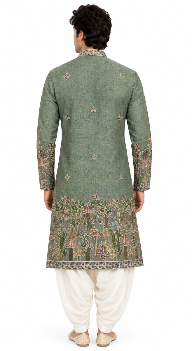 Men's short length mandarin collar front and back embroidery work kurta, tissue fabric, unique neck and daman design, fusing attached DM 08 - Green