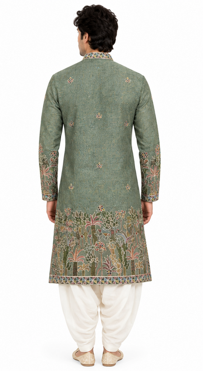 Men's short length mandarin collar front and back embroidery work kurta, tissue fabric, unique neck and daman design, fusing attached DM 08 - Green
