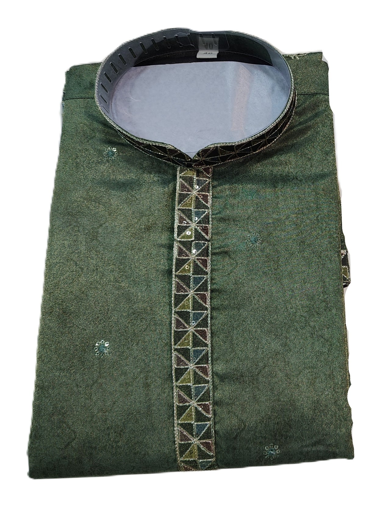 Men's short length mandarin collar front and back embroidery work kurta, tissue fabric, unique neck and daman design, fusing attached DM 08 - Green