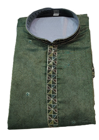Men's short length mandarin collar front and back embroidery work kurta, tissue fabric, unique neck and daman design, fusing attached DM 08 - Green