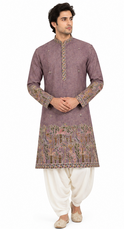 Men's short length mandarin collar front and back embroidery work kurta, unique neck and daman design, fusing attached DM 08 - Maron