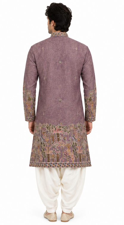 Men's short length mandarin collar front and back embroidery work kurta, unique neck and daman design, fusing attached DM 08 - Maron