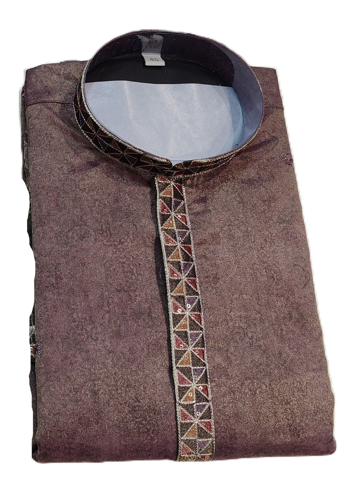 Men's short length mandarin collar front and back embroidery work kurta, unique neck and daman design, fusing attached DM 08 - Maron