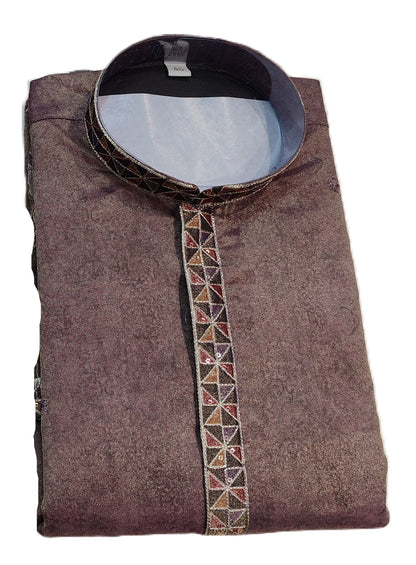 Men's short length mandarin collar front and back embroidery work kurta, unique neck and daman design, fusing attached DM 08 - Maron