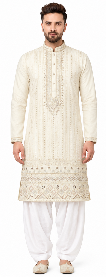 Men's mandarin collar jacquard work kurta, Neck work, daman design and fusing attached DM 08 - Cream