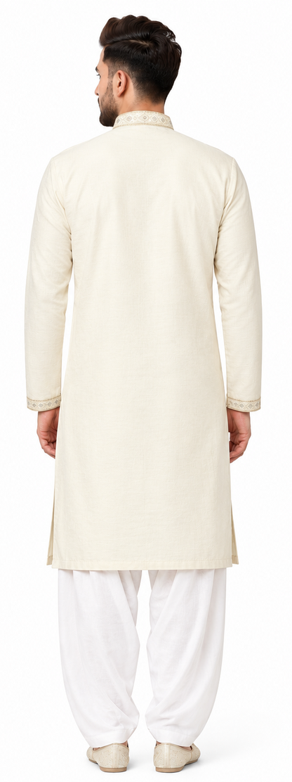 Men's mandarin collar jacquard work kurta, Neck work, daman design and fusing attached DM 08 - Cream