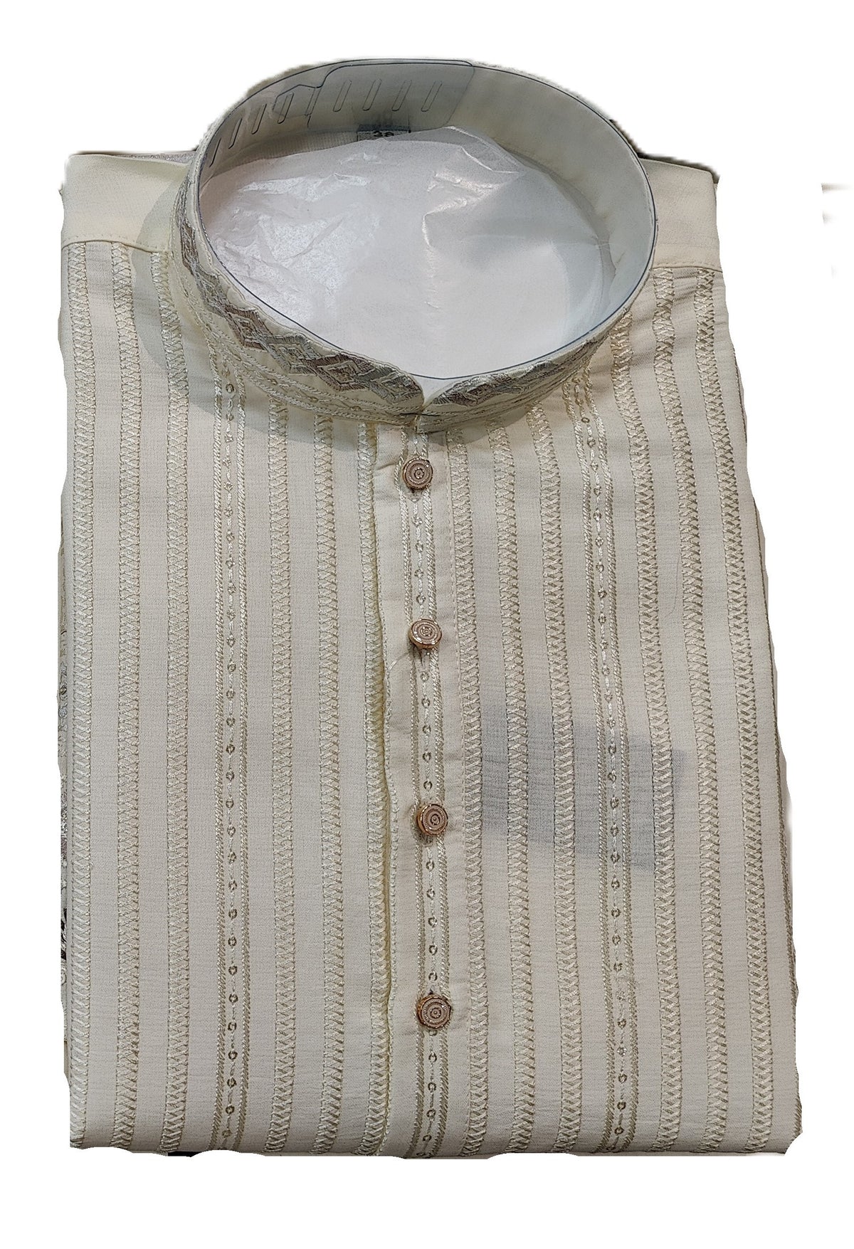 Men's mandarin collar jacquard work kurta, Neck work, daman design and fusing attached DM 08 - Cream
