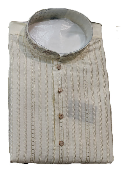 Men's mandarin collar jacquard work kurta, Neck work, daman design and fusing attached DM 08 - Cream