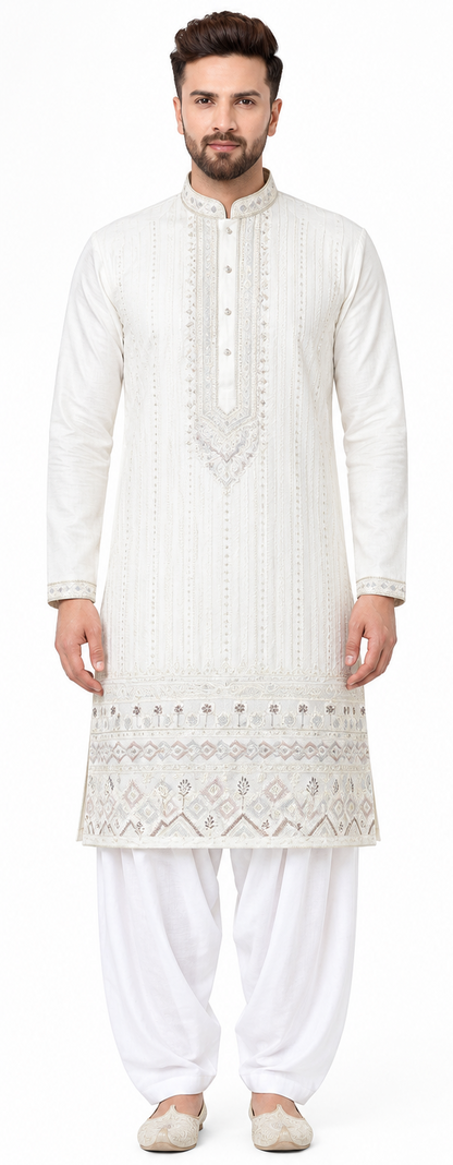 Men's mandarin collar jacquard work kurta, Neck work, daman design and fusing attached DM 08 - Off white