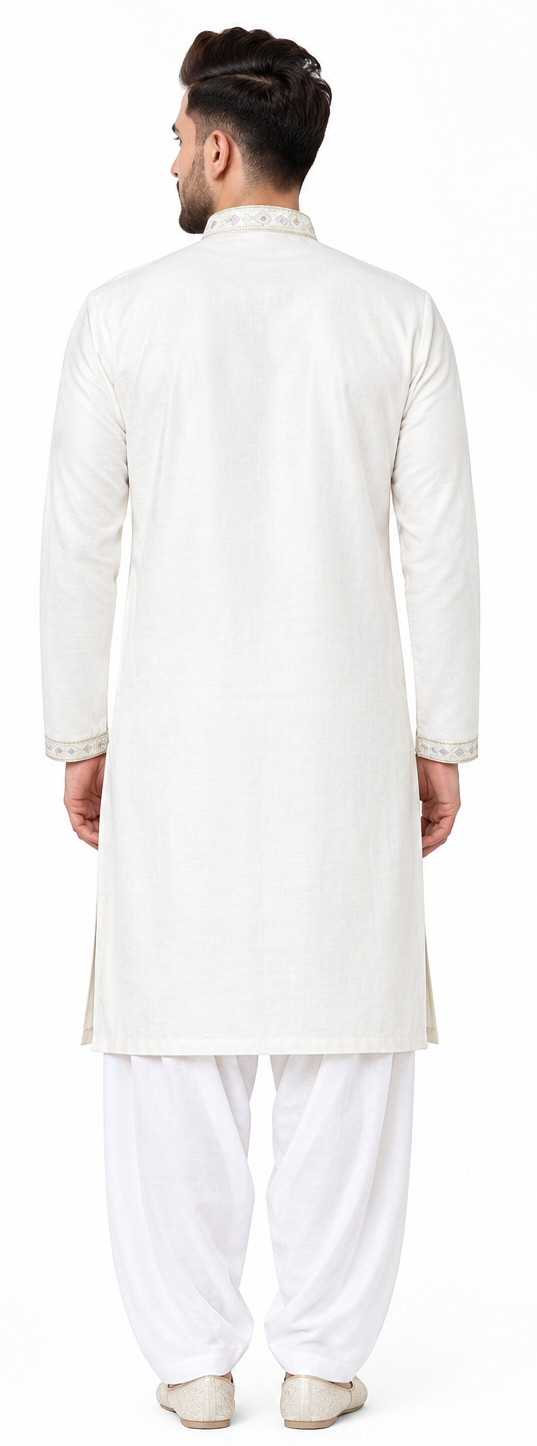 Men's mandarin collar jacquard work kurta, Neck work, daman design and fusing attached DM 08 - Off white