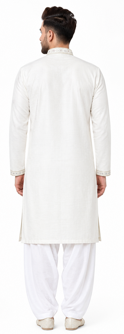 Men's mandarin collar jacquard work kurta, Neck work, daman design and fusing attached DM 08 - Off white