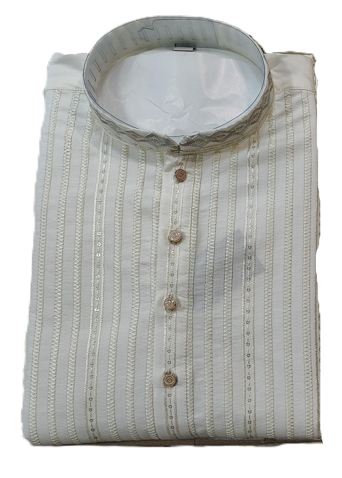 Men's mandarin collar jacquard work kurta, Neck work, daman design and fusing attached DM 08 - Off white