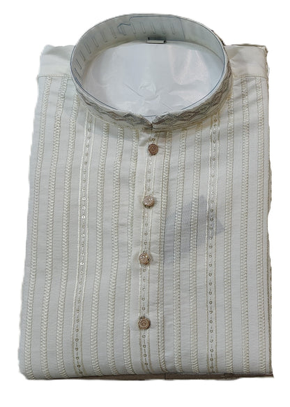Men's mandarin collar jacquard work kurta, Neck work, daman design and fusing attached DM 08 - Off white