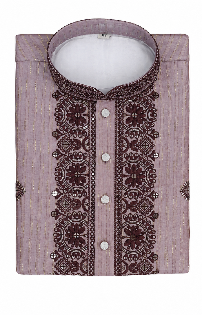 Men's mandarin collar Embroidery work kurta WK-12 - BROWN