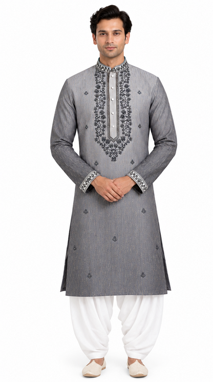 Men's mandarin collar Embroidery work kurta WK-12 - Grey