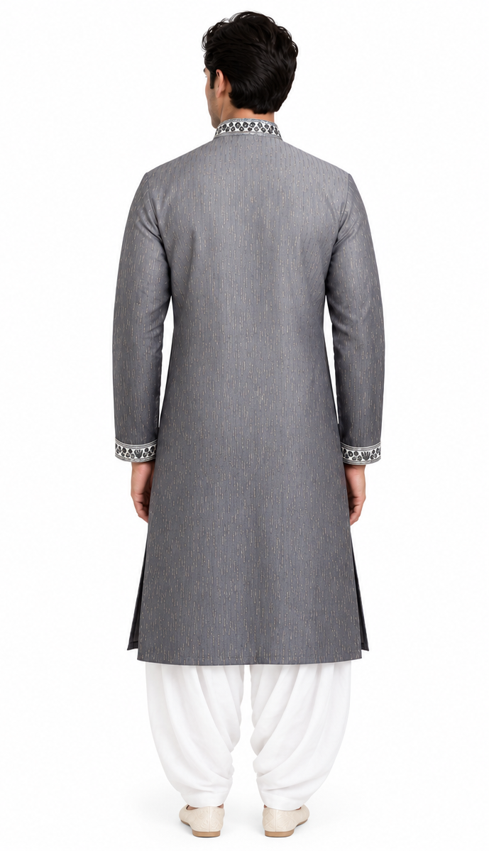 Men's mandarin collar Embroidery work kurta WK-12 - Grey