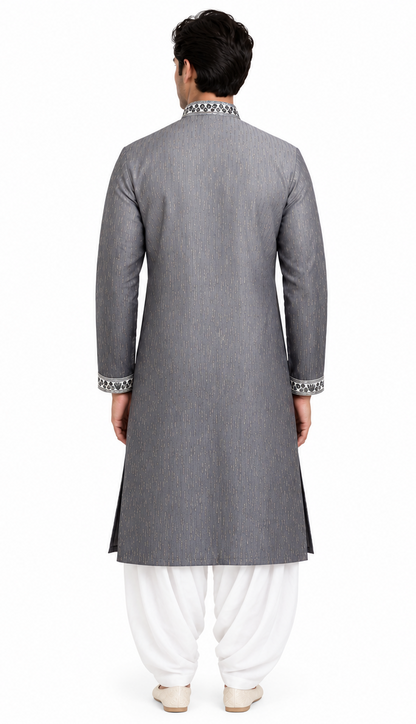 Men's mandarin collar Embroidery work kurta WK-12 - Grey