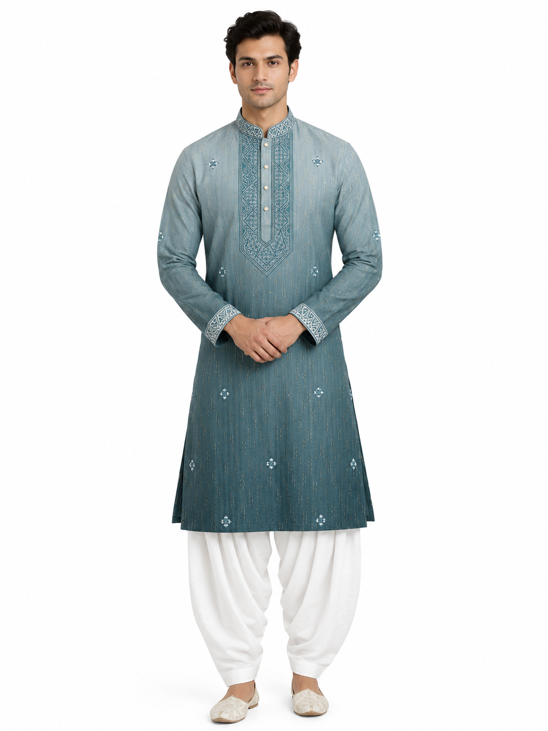 Men's mandarin collar Embroidery work kurta WK-12 - Peacock Green