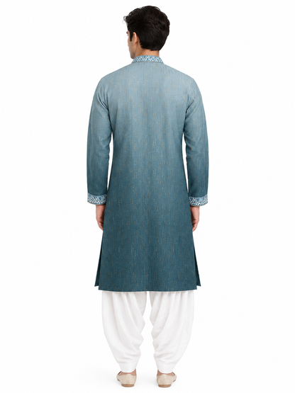 Men's mandarin collar Embroidery work kurta WK-12 - Peacock Green