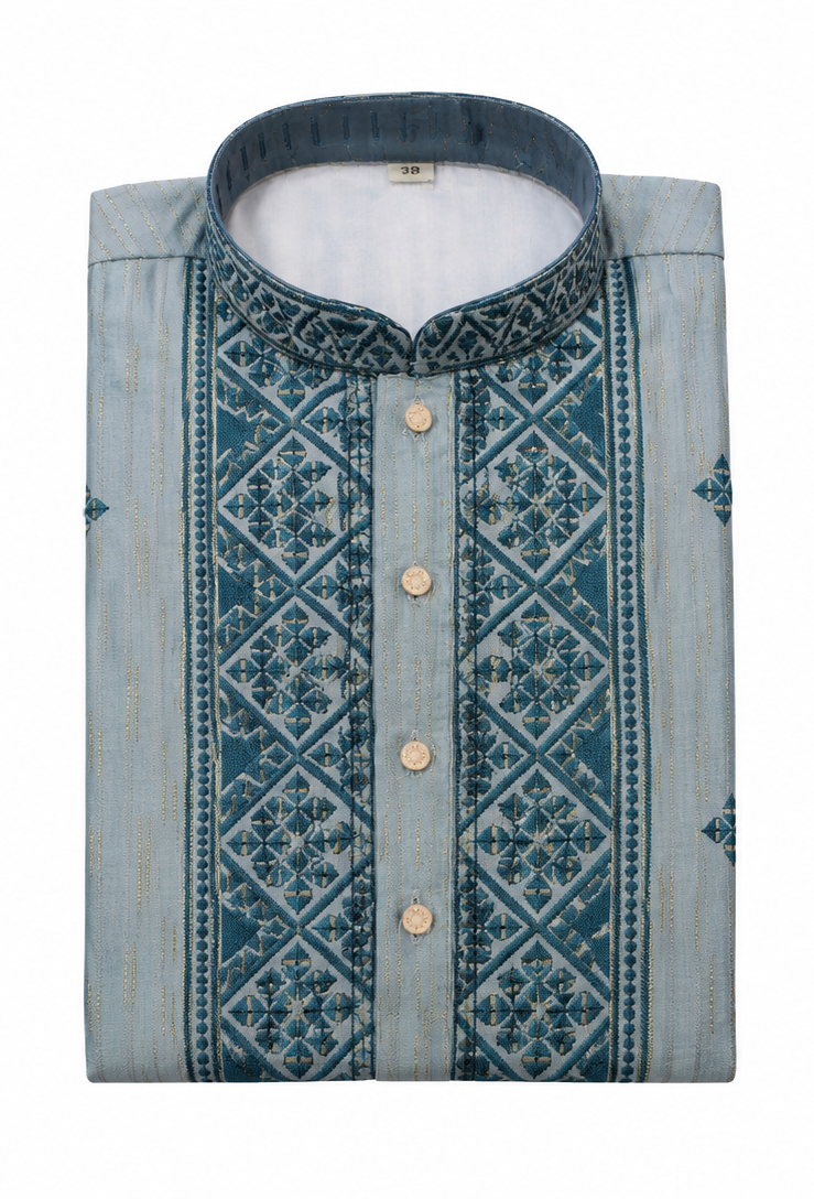 Men's mandarin collar Embroidery work kurta WK-12 - Peacock Green