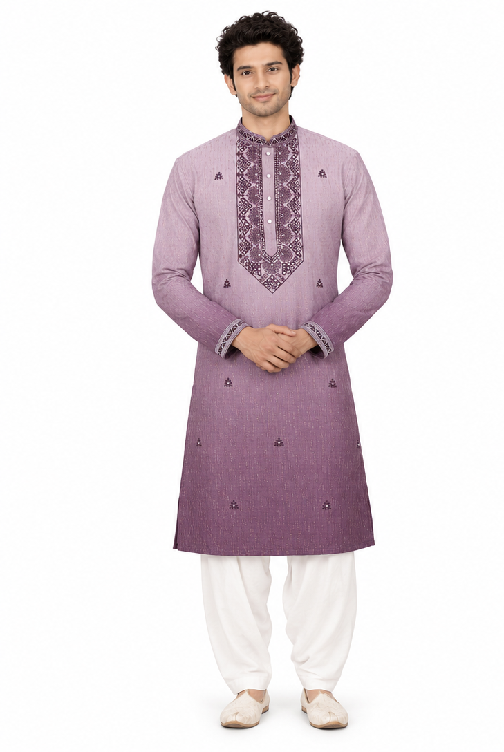 Men's mandarin collar Embroidery work kurta WK-12 - Lavender